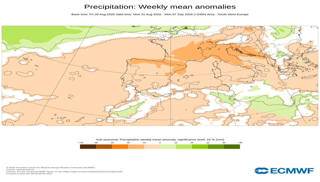 Anomalías semanales de precipitación para la semana del 31 de agosto al 6 de septiembre 2026: verdes para anomalías positivas y naranjas para negativas. ECMWF