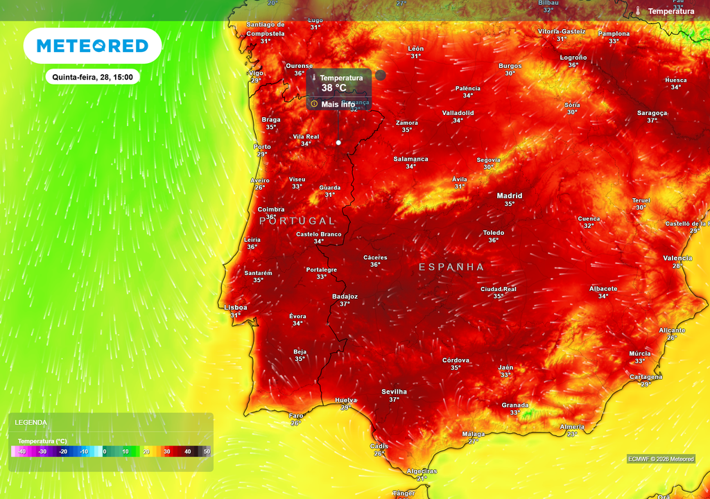 temperatura do ar à superfície Quarta e quinta-feira poderão ser os dias mais quentes da semana. Ainda assim, quinta-feira deverá evidenciar-se face aos outros dias, com temperaturas de 38 ºC em vários locais do país.