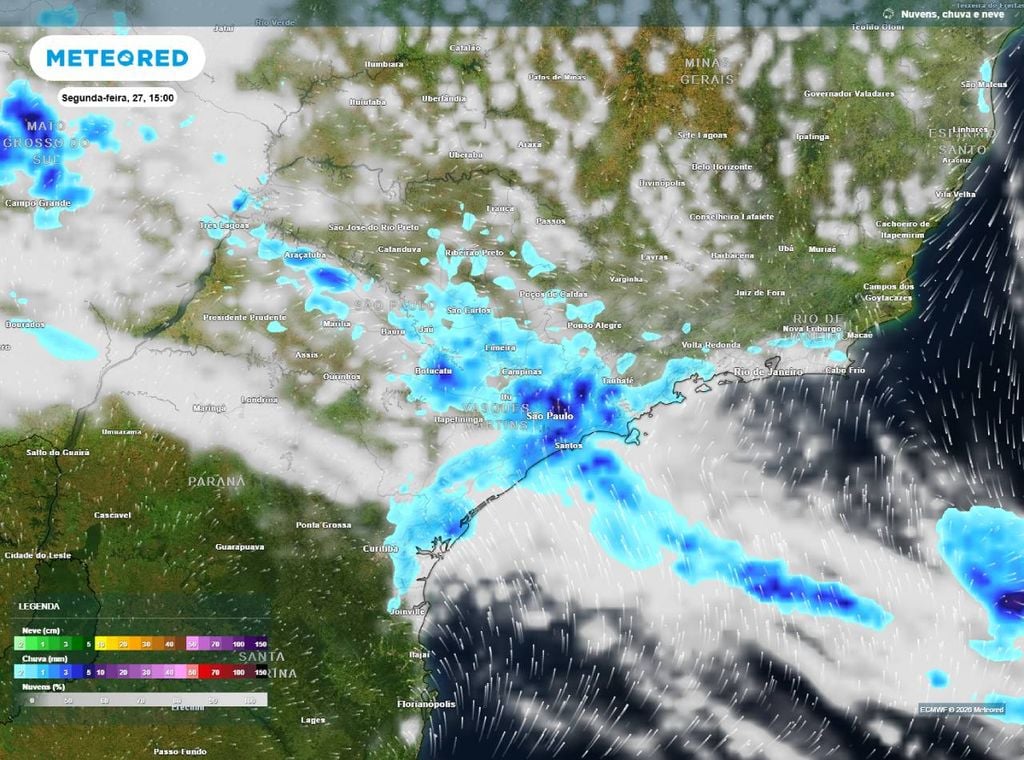 Previsão de precipitação (em mm) e nebulosidade para a segunda-feira (27) à tarde (15h), segundo o modelo europeu ECMWF.