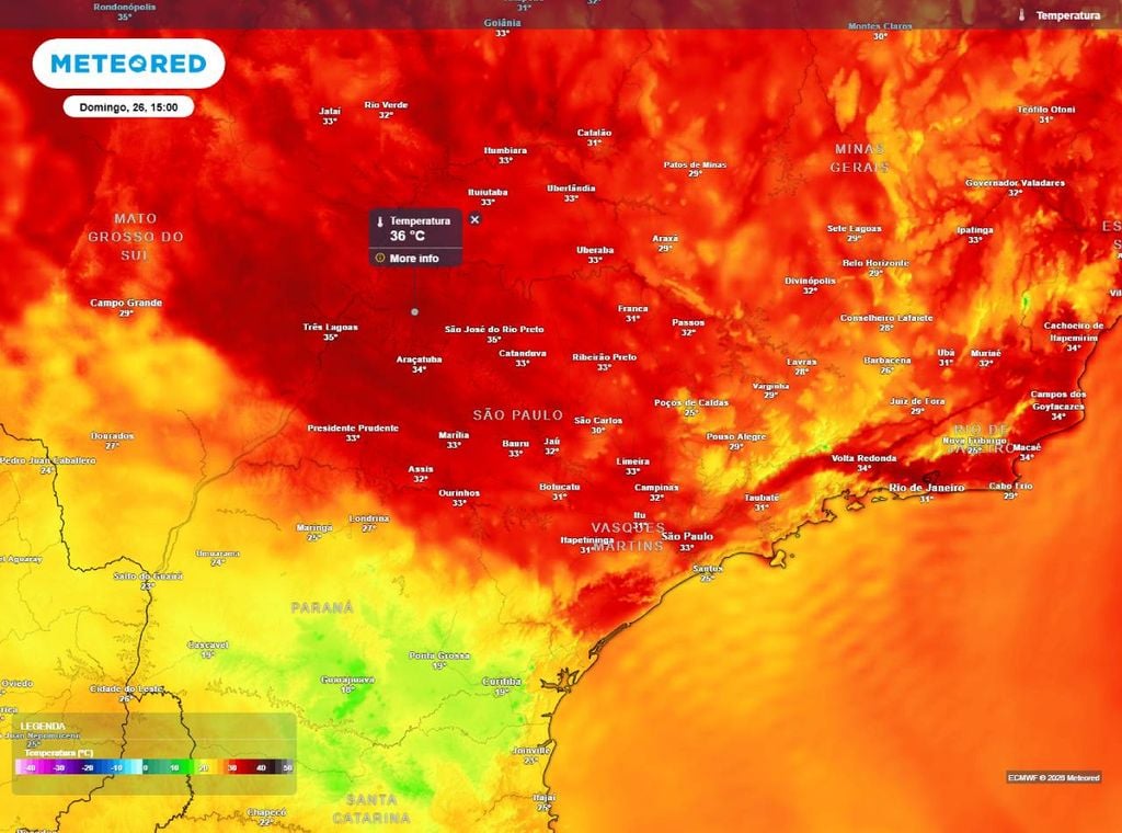 Previsão de temperatura máxima (em °C) para o domingo (26), segundo o modelo europeu ECMWF.