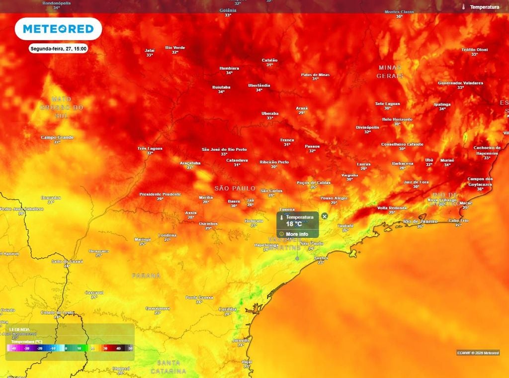 Previsão de temperatura máxima (em °C) para a segunda-feira (27), segundo o modelo europeu ECMWF.