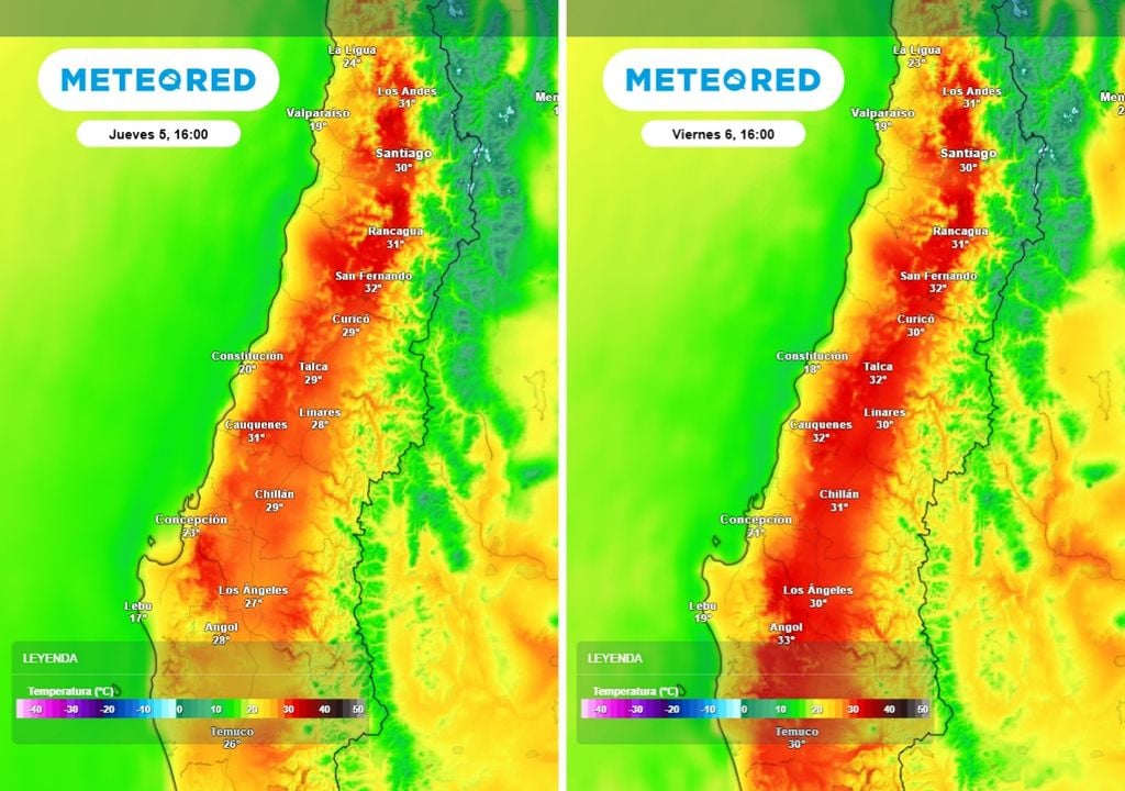 Temperaturas máximas previstas para jueves y viernes muestran un marcado ascenso térmico en la zona central, con valores que superan los 30°C en los valles interiores.