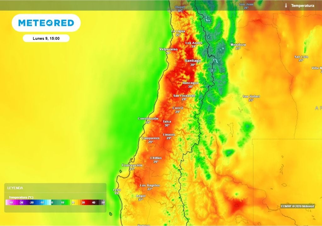 Durante la jornada del lunes, las máximas volveran a superar los 30°C evidenciando el retorno del calor en la zona central, impulsado por el fortalecimiento de la alta presión del Pacífico.