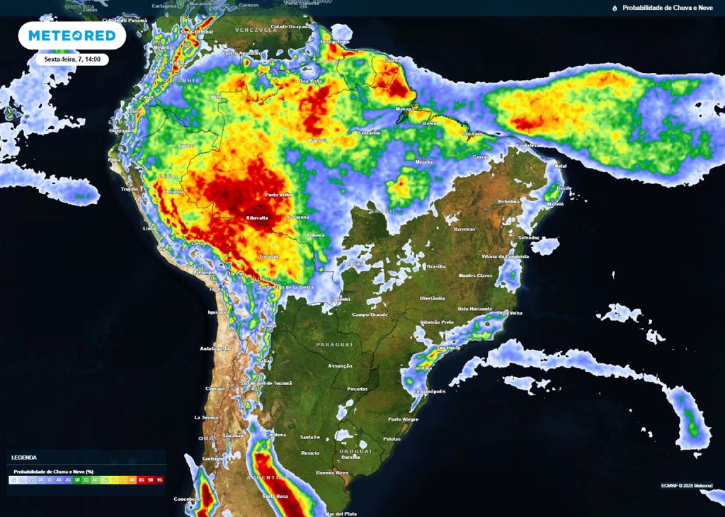 Possibilidade de chuva sobre o Brasil para a tarde desta sexta-feira (07).
