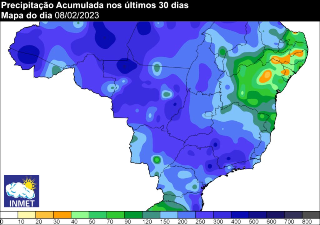 Mapa de acumulados de chuva totais registrados nos últimos 30 dias (fonte: INMET) Mapa de acumulados de chuva totais registrados nos últimos 30 dias (fonte: INMET)