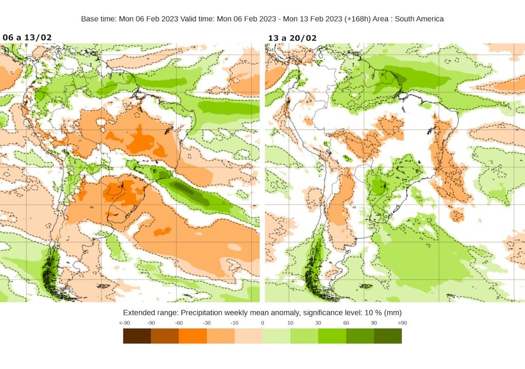 Mapa de anomalia de precipitação na América do Sul para as próximas semanas (fonte: ECMWF) Mapa de anomalia de precipitação na América do Sul para as próximas semanas (fonte: ECMWF)