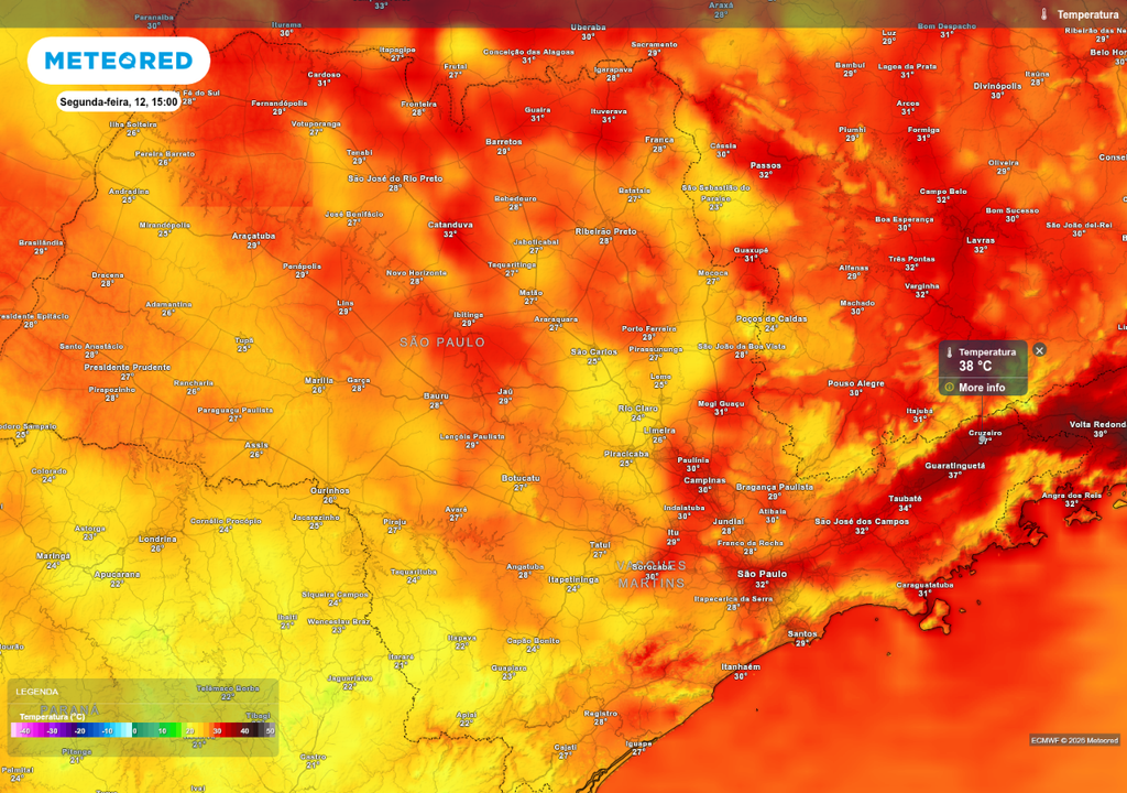 Previsão de temperatura máxima nesta segunda (12), de acordo com o ECMWF.