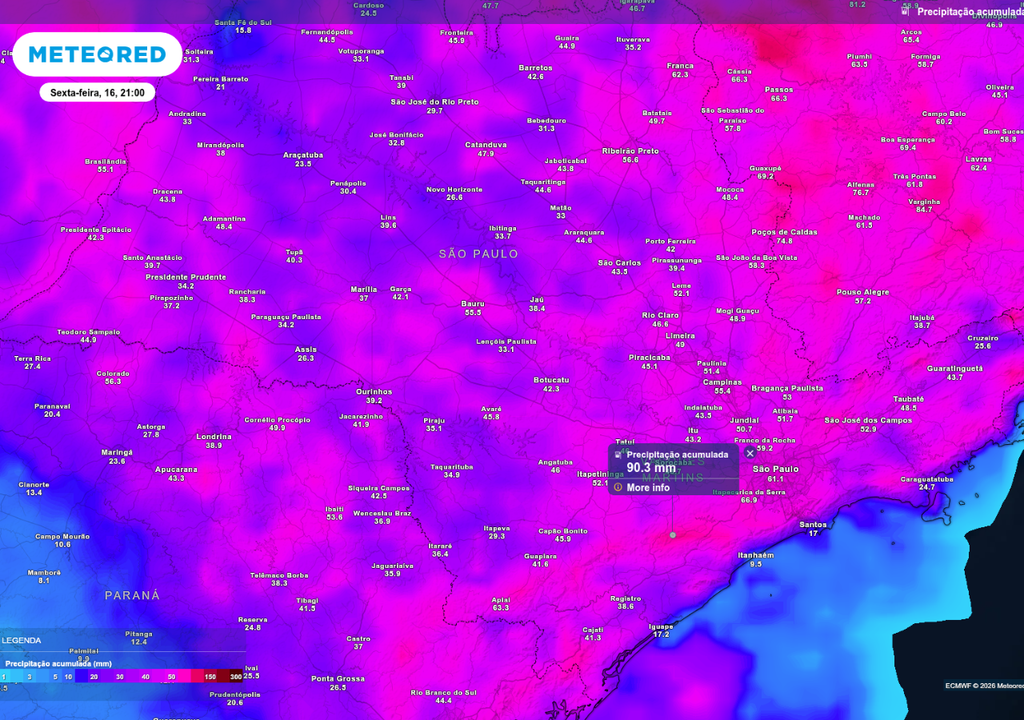 Previsão de chuva acumulada até sexta-feira (16), de acordo com o ECMWF.