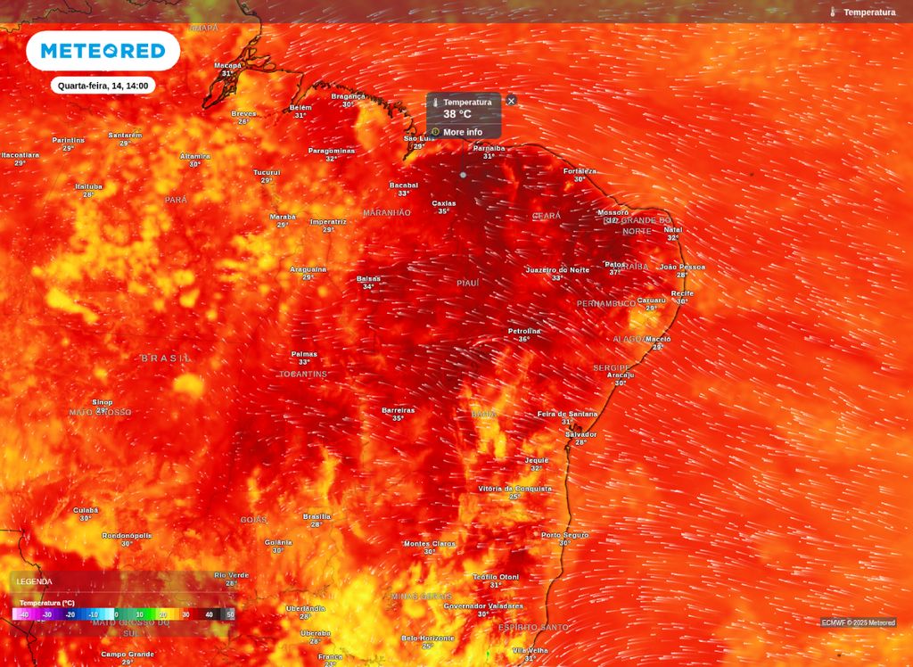 Mapa de temperatura para a tarde desta quarta (14) sobre o Nordeste do Brasil. Mapa de temperatura para a tarde desta quarta (14) sobre o Nordeste do Brasil.