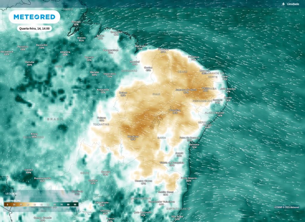 Mapa de umidade relativa do ar para a tarde desta quarta (14) sobre o Nordeste do Brasil. Mapa de umidade relativa do ar para a tarde desta quarta (14) sobre o Nordeste do Brasil.