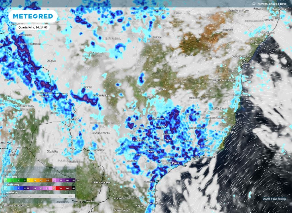 Previsão de chuvas para o Sudeste e Centro-Oeste na tarde de quarta-feira (14), segundo o modelo ECMWF. Previsão de chuvas para o Sudeste e Centro-Oeste na tarde de quarta-feira (14), segundo o modelo ECMWF.