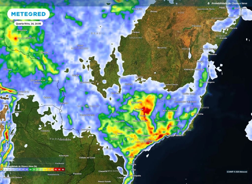 Mapa de chances de precipitação para o Sudeste e Centro-Oeste na tarde de quarta-feira (14), segundo o modelo ECMWF. Mapa de chances de precipitação para o Sudeste e Centro-Oeste na tarde de quarta-feira (14), segundo o modelo ECMWF.