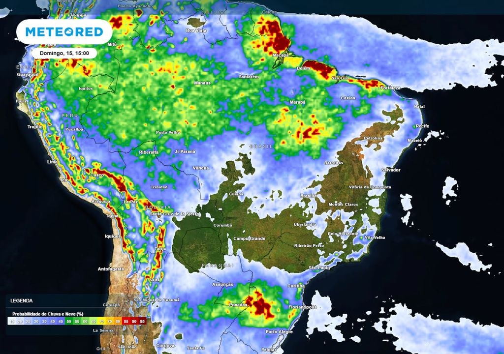 Previsão de probabilidade de chuva no domingo durante a tarde ilustra regiões que serão mais afetadas pela chuva, com destaque para o litoral norte, toda a região Norte e também a região Sul.