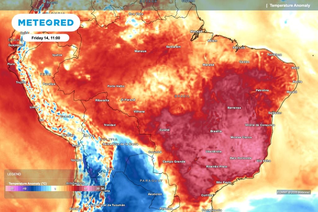 Calor, anomalia, temperatura, umidade baixa Anomalia de temperatura positiva, com valores até 10°C acima da média na manhã de sexta-feira, 14 de agosto.