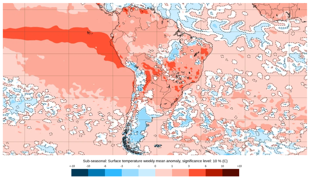 Previsão de anomalia semanal de temperatura (°C) entre 3 e 10 de agosto, segundo o ECMWF. Créditos: ECMWF. Previsão de anomalia semanal de temperatura (°C) entre 3 e 10 de agosto, segundo o ECMWF. Créditos: ECMWF.