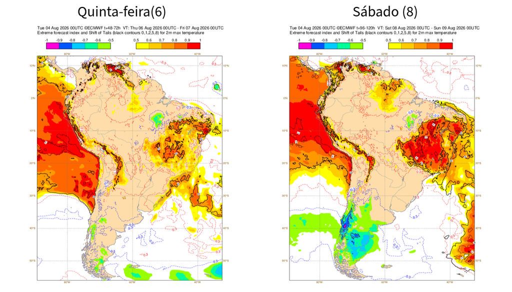 EFI do ECMWF para temperatura máxima quinta (6, esquerda) e sábado (8, direita). Créditos: Meteored/ECMWF. EFI do ECMWF para temperatura máxima quinta (6, esquerda) e sábado (8, direita). Créditos: Meteored/ECMWF.