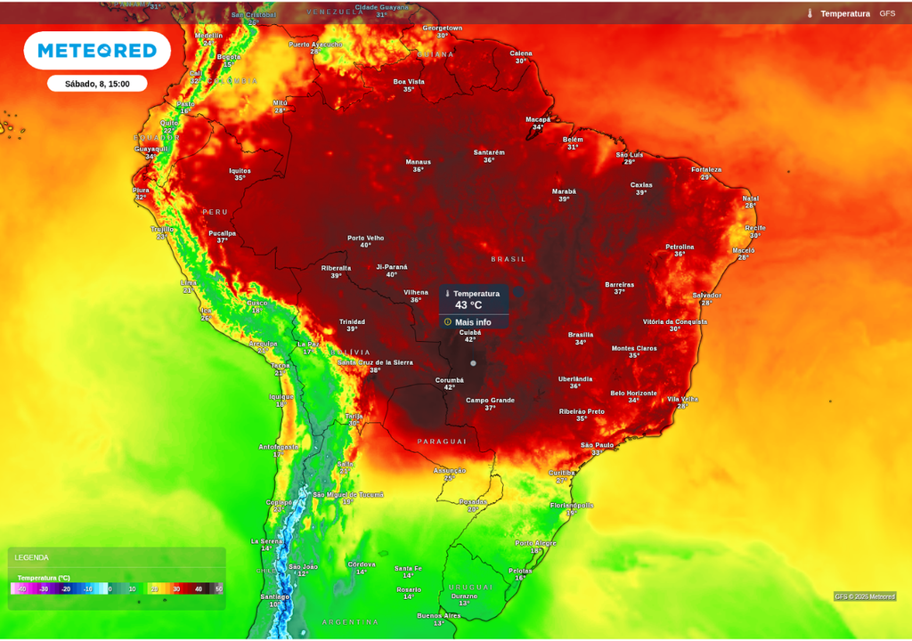 Previsão de temperatura máxima para sábado (8), segundo o modelo GFS. Previsão de temperatura máxima para sábado (8), segundo o modelo GFS.
