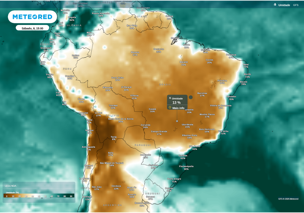 Previsão de umidade relativa do ar para sábado (8), segundo o GFS. Previsão de umidade relativa do ar para sábado (8), segundo o GFS.