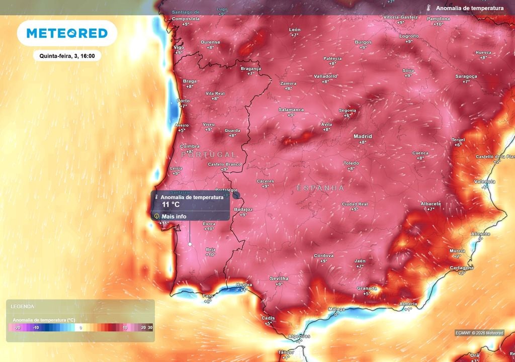 anomalia térmica As anomalias térmicas positivas, ou seja, valores acima da média, vão cobrir o país de forma bastante expressiva. Várias localidades registarão temperaturas até 11 ºC acima do expectável para a época.