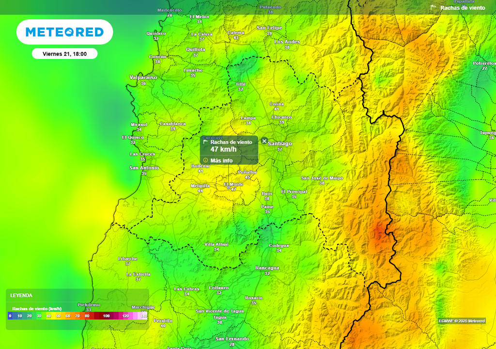 Rachas de viento, ECMWF, pronóstico Santiago y la RM, Chile, viernes 21 de febrero 2025