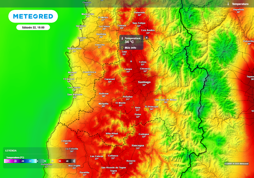 Temperatura máxima, ECMWF, Chile, Santiago, Meteored