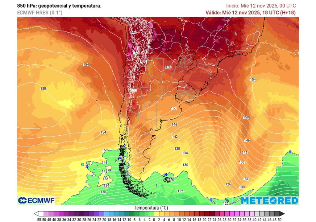 mapa de geopotencial y temperatura en 850 hPa