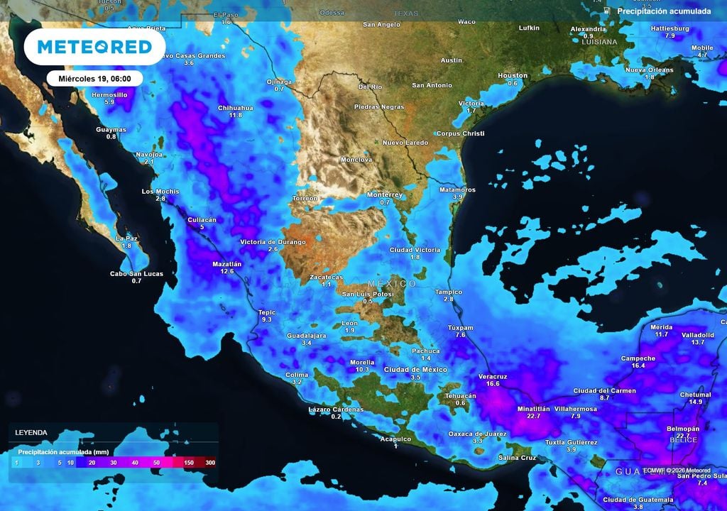 Las lluvias se concentrarán sobre el occidente, centro y región del Golfo de México con 10-30 mm y algunas mayores a 50-70 mm, ayudando a refrescar esta zonas.