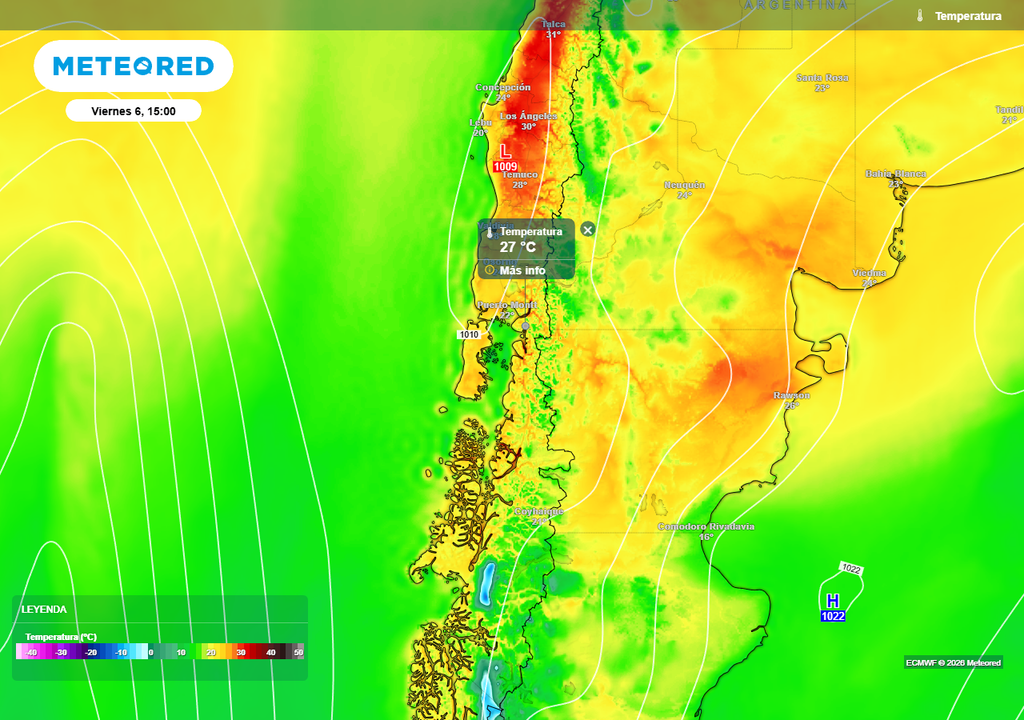 Temperatura máxima (°C) para el viernes 06 de marzo 2026 en las regiones de Los Lagos y Aysén.