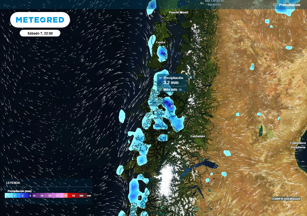 Precipitación (mm) para la noche del sábado 07 de marzo 2026 en las regiones de Los Lagos y Aysén.