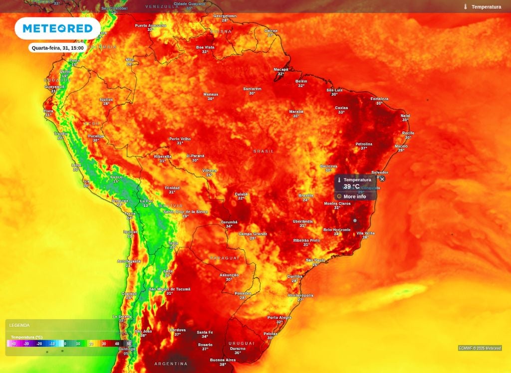 Temperatura prevista para a tarde desta quarta-feira (31). Temperatura prevista para a tarde desta quarta-feira (31).