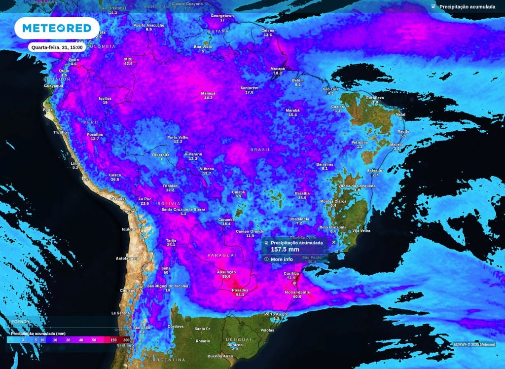 Precipitação acumulada entre terça (30) e quarta-feira (31). Precipitação acumulada entre terça (30) e quarta-feira (31).