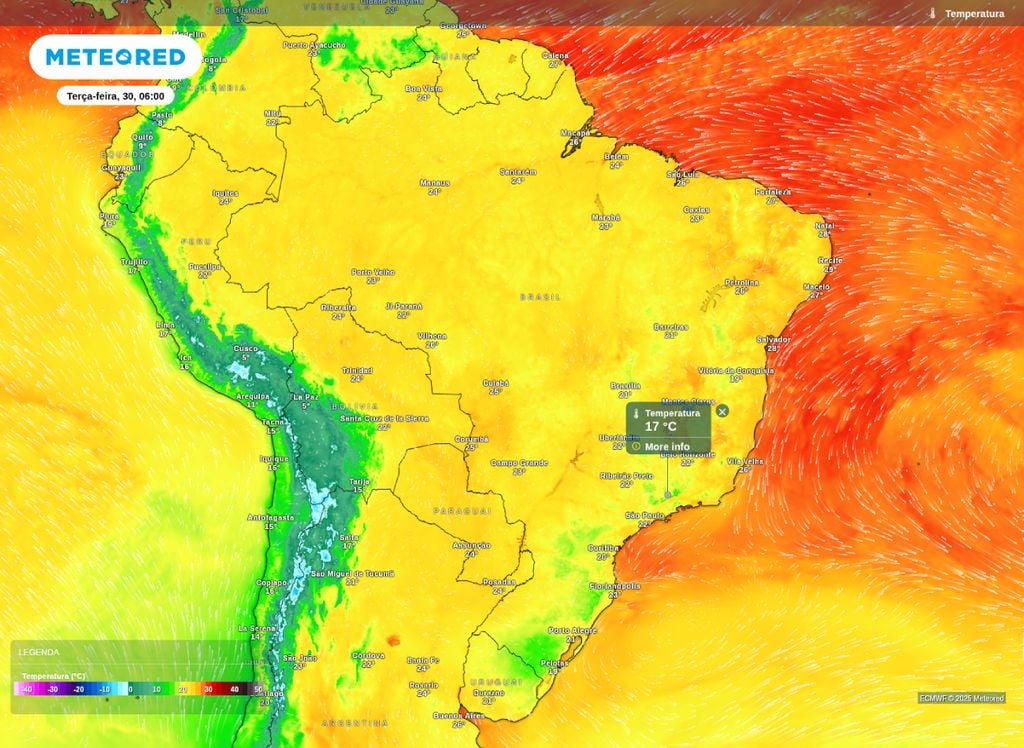 Temperatura prevista para a manhã desta terça-feira (30). Temperatura prevista para a manhã desta terça-feira (30).