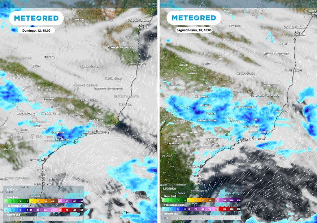 Previsão de precipitação (em mm) e nebulosidade (tons brancos/acinzentados) para domingo (12) ás 18h à esquerda e para segunda-feira (13) às 15h, segundo o modelo europeu ECMWF.