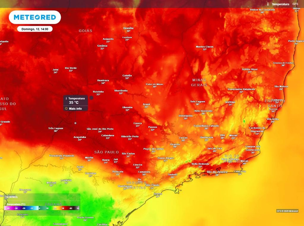 Previsão da temperatura máxima do ar (em °C) para o domingo (12) às 14h, mostrando o aquecimento pré-frontal.