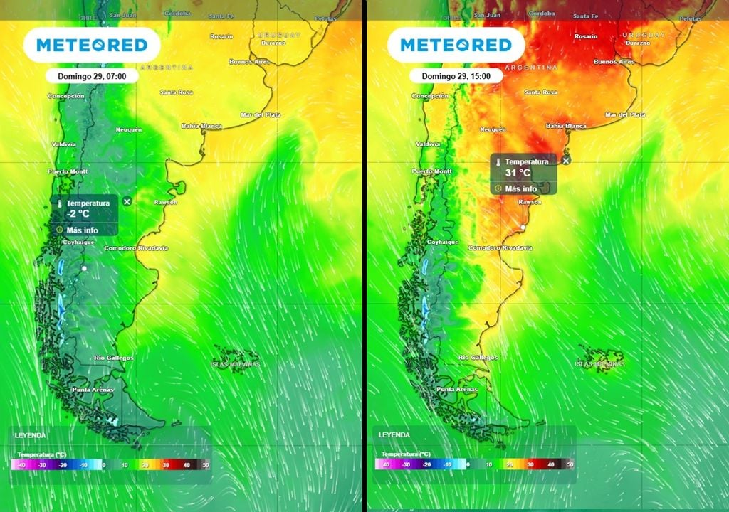 temperaturas en patagonia A la izquierda las temperaturas gélidas (bajo cero) estimadas para la mañana del domingo para la cordillera de Santa Cruz (con probables nevadas); y el contraste a la derecha, con +30 °C esa misma tarde en el este Patagónico. Modelo: ECMWF