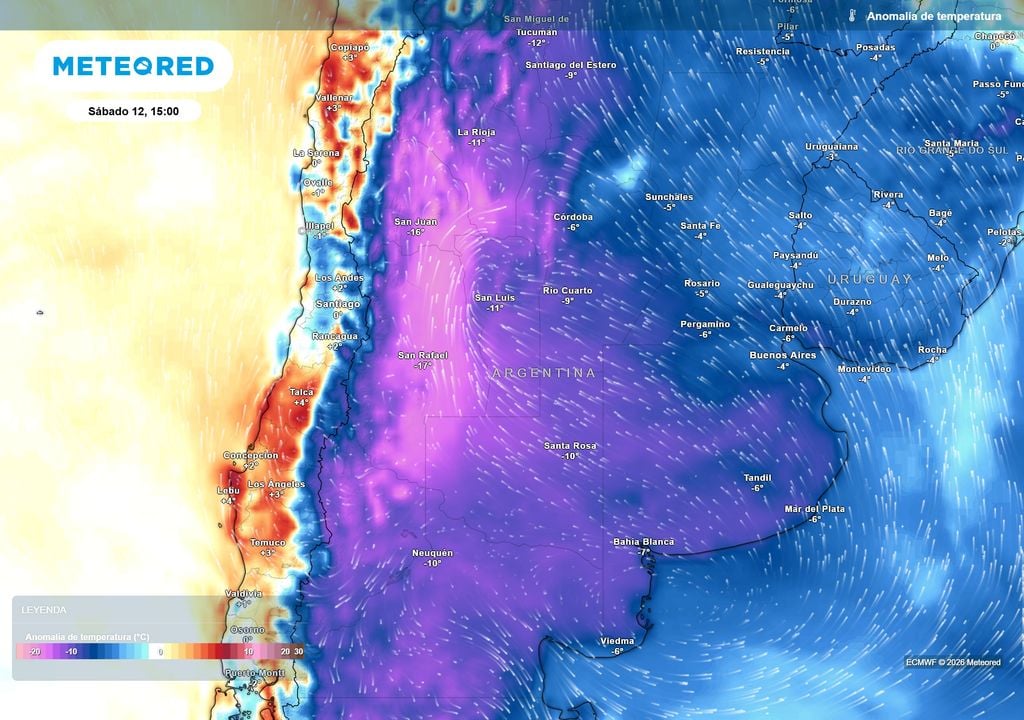 Pronóstico, Clima, Tiempo, Argentina Anomalía de temperatura prevista para el próximo sábado según el modelo ECMWF
