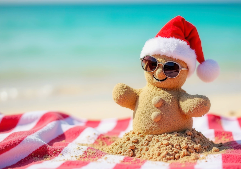 muñeco de arena con gorro de viejo pascuero