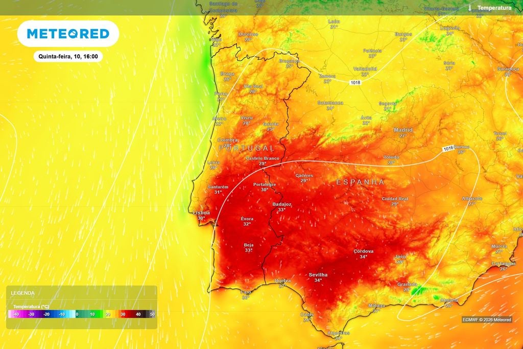 Na quinta-feira começa a recuperação das temperaturas em Portugal Temperaturas previstas pelo ECMWF para as 16h de quinta-feira. O interior Centro e Sul começará a aquecer, com máximas superiores a 30 ºC em várias regiões.