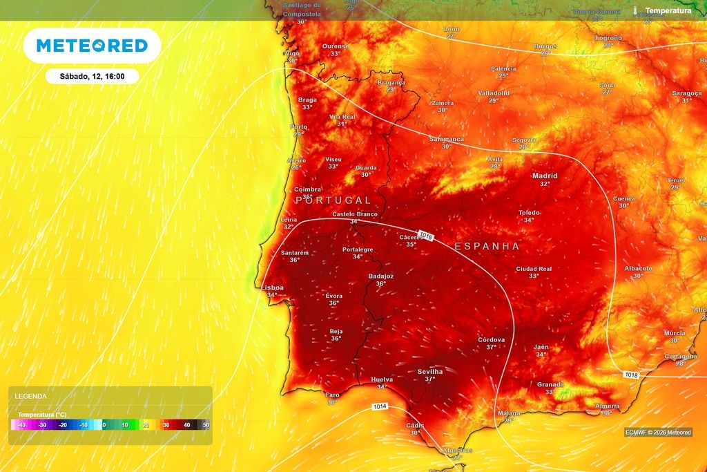 No sábado, os 35 ºC serão ultrapassados em várias regiões Temperaturas previstas pelo ECMWF para as 16h de sábado. O calor intensificar-se-á no Centro e Sul, com valores de 35 a 36 ºC em várias áreas.