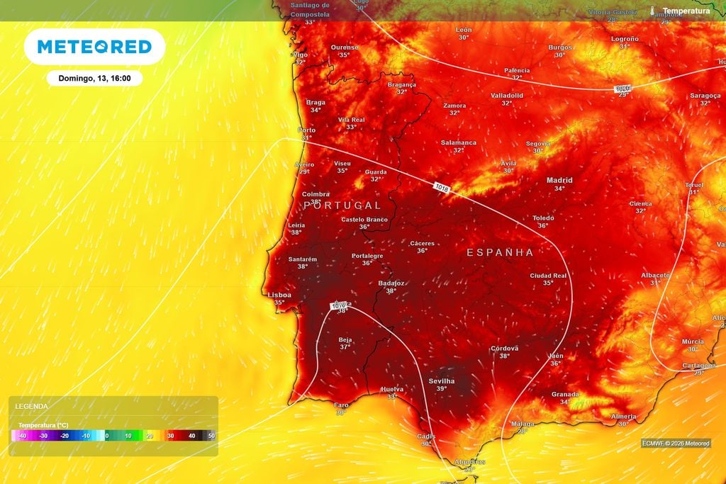 No domingo, várias regiões poderão aproximar-se dos 40 ºC Temperaturas previstas pelo ECMWF para as 16h de domingo. O Ribatejo, interior Centro e Alentejo deverão concentrar alguns dos valores mais elevados, localmente entre 38 e 40 ºC.