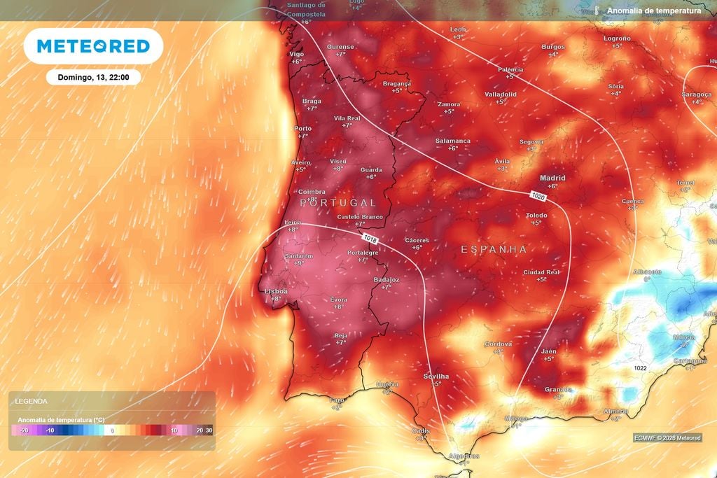 Domingo poderá trazer temperaturas até 9 ºC acima do normal Anomalia da temperatura prevista pelo ECMWF para domingo. Grande parte de Portugal continental deverá registar valores entre 5 e 9 ºC acima da média climatológica.