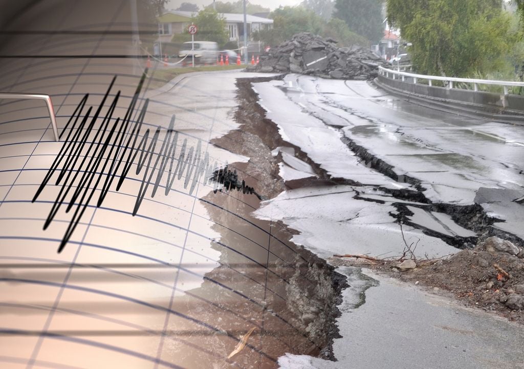 suelo abierto por terremoto; sismógrafo