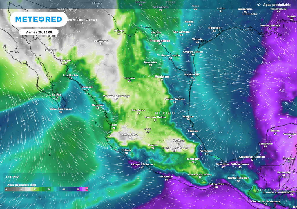 Pronóstico de agua precipitable en milímetros La humedad de ambos océanos aportarán condiciones para lluvias en la mitad centro-oriental, junto con sistemas inestables, detonando en tormentas fuertes con granizo esta semana en México.