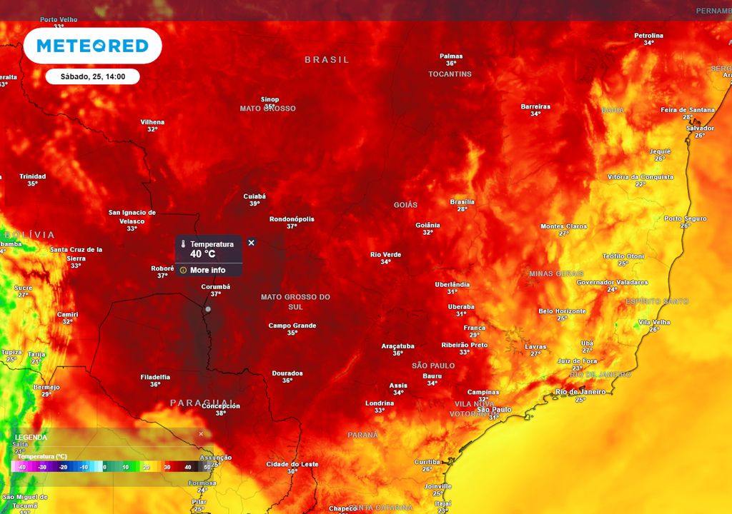 Previsão de temperaturas máximas no sábado.