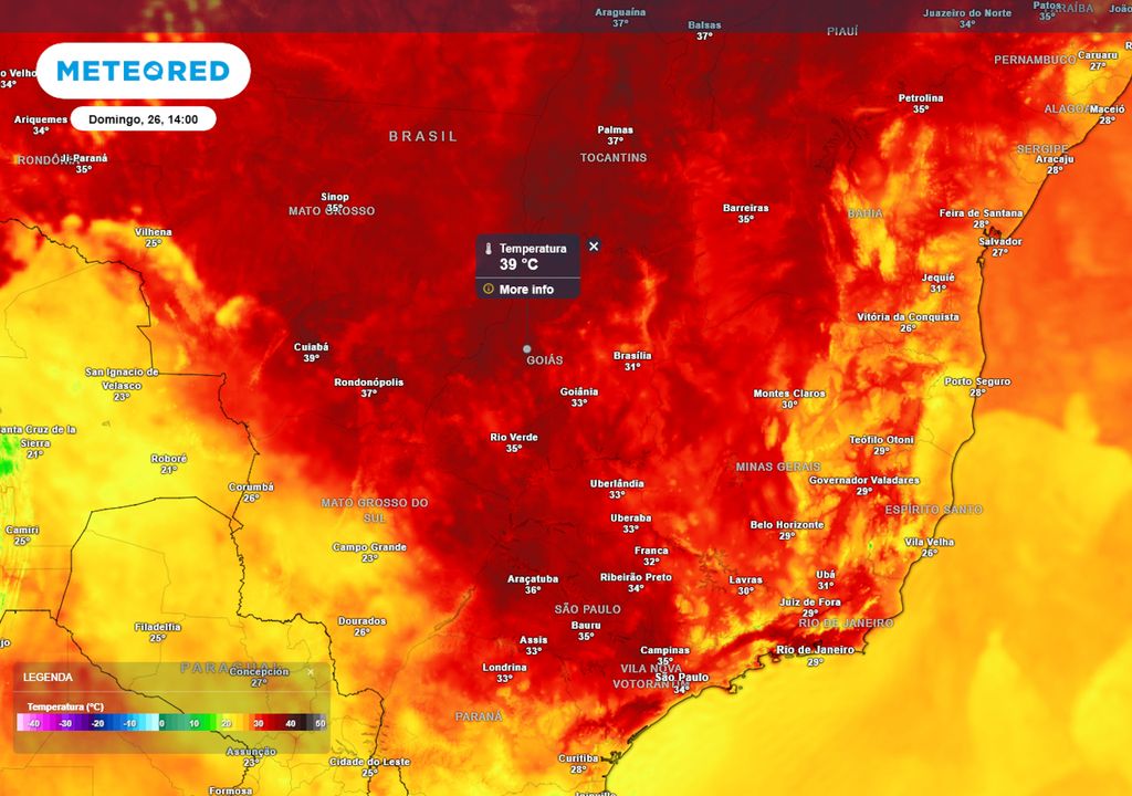 Previsão de temperaturas máximas no domingo.