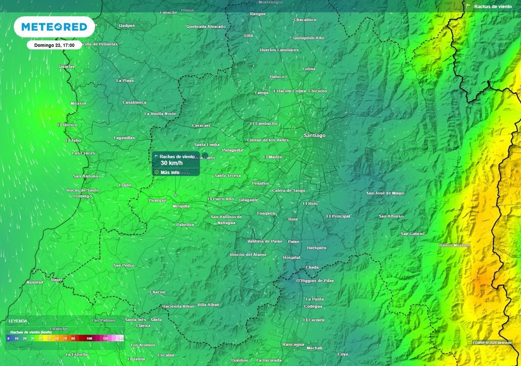 El viento aumentará durante la tarde del domingo en la Región Metropolitana. El modelo ECMWF proyecta rachas de hasta 30 km/h en algunos sectores, con predominio de componentes del sur y suroeste.