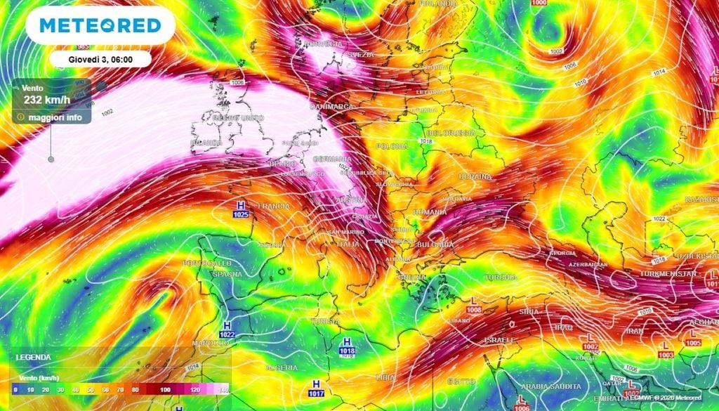 Getto polare. Si nota la notevole intensificazione del getto polare sull'Europa nei prossimi giorni.