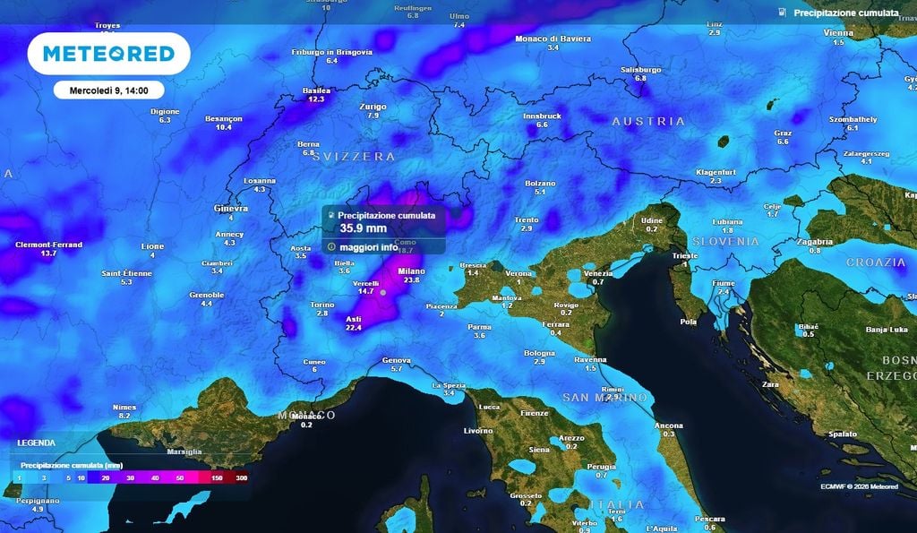 Piogge anche sulla dorsale Appenninica, ma il Nord farà il pieno Gli accumuli potranno raggiungere i 40 mm