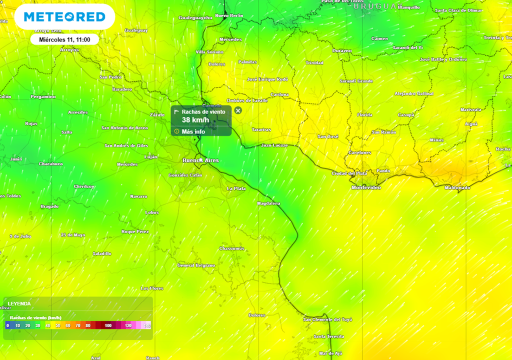 Ráfagas de viento sudoeste estimadas durante la mañana del miércoles 11 de febrero. Modelo: ECMWF