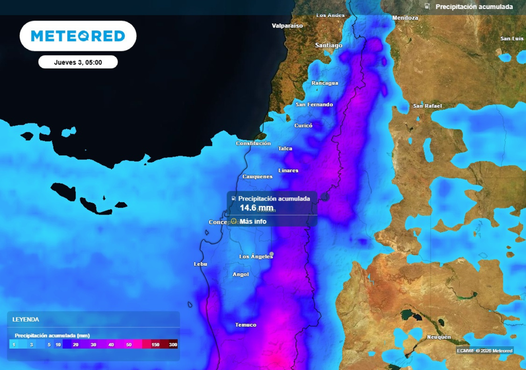 mapa de precipitación acumulada Este miércoles se esperan precipitaciones que dejen acumulados de hasta 15 mm en sectores precordilleranos de Biobío.